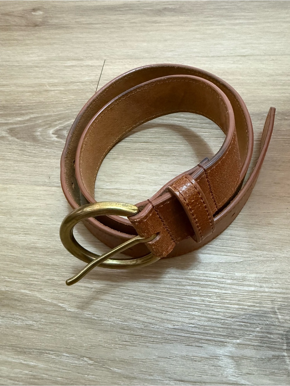 Women's Tan Leather Belt with Brass Oval Buckle - M